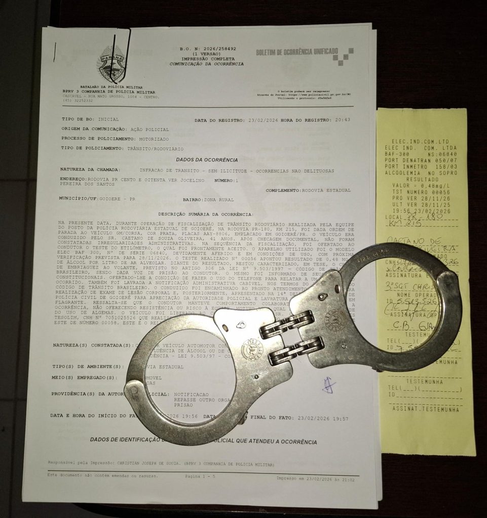 Motorista é preso por embriaguez ao volante em Goioerê