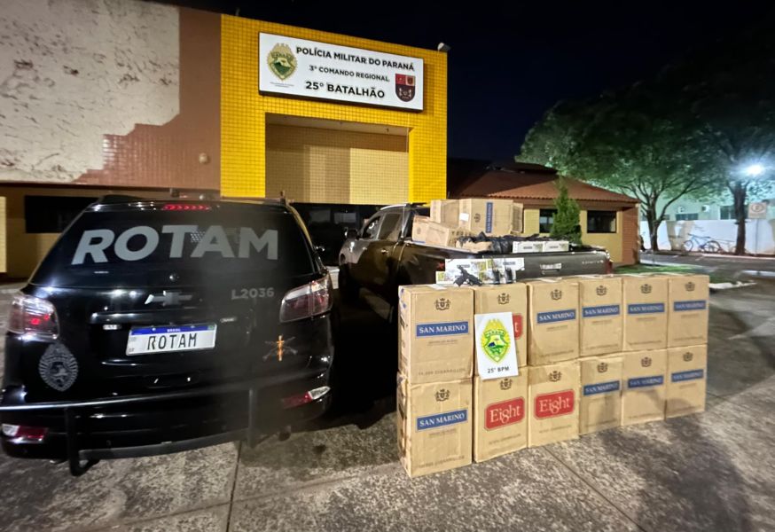Contrabando: ROTAM apreende carga de cigarros, arma e caminhonete