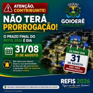 REFIS 2026: prazo termina na segunda-feira em Goioerê